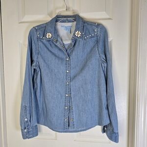 Embellished Denim Snap Front Womens Long Sleeve Shirt 10‎